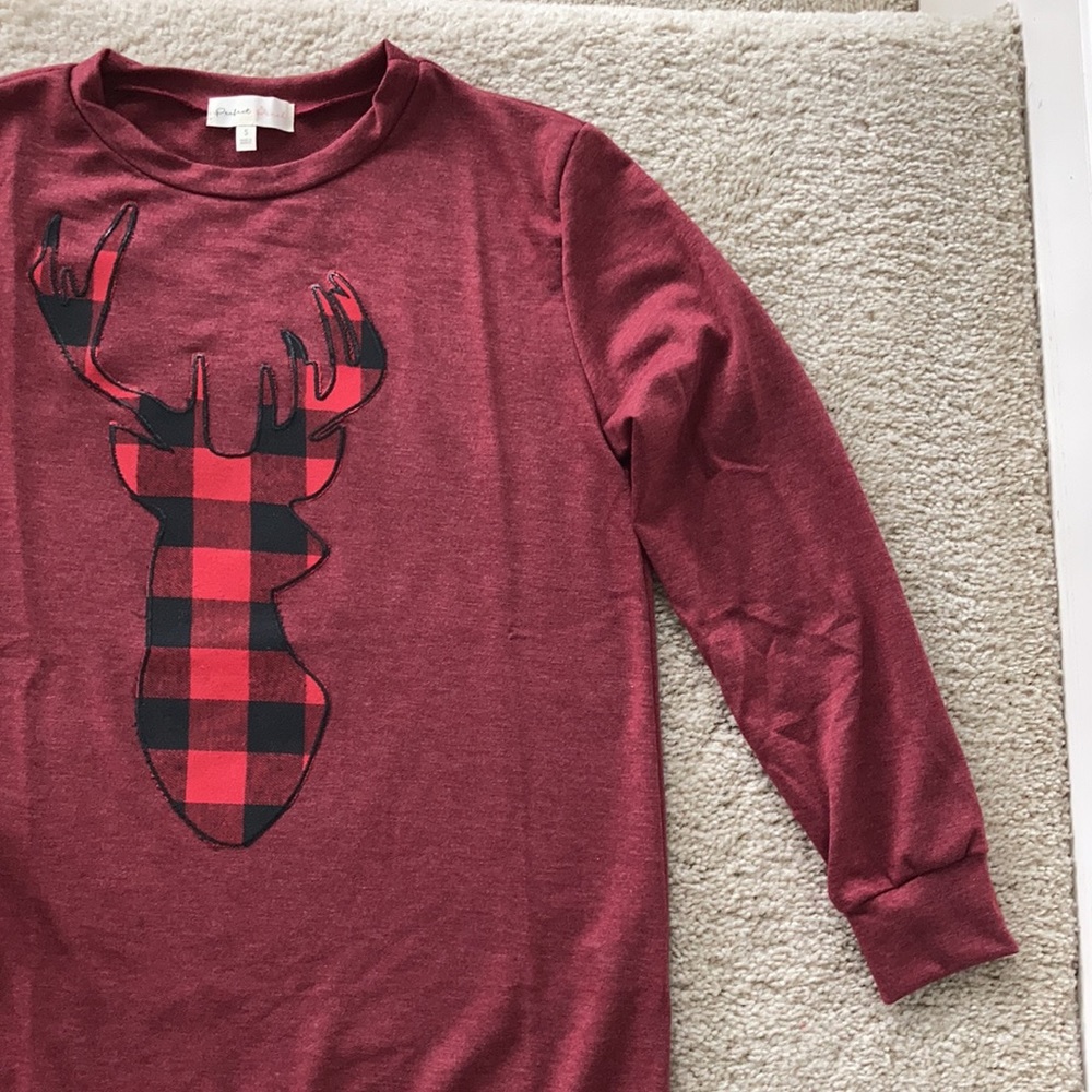 French Terry Long Sleeve Plaid Reindeer Top - Picture 9 of 10